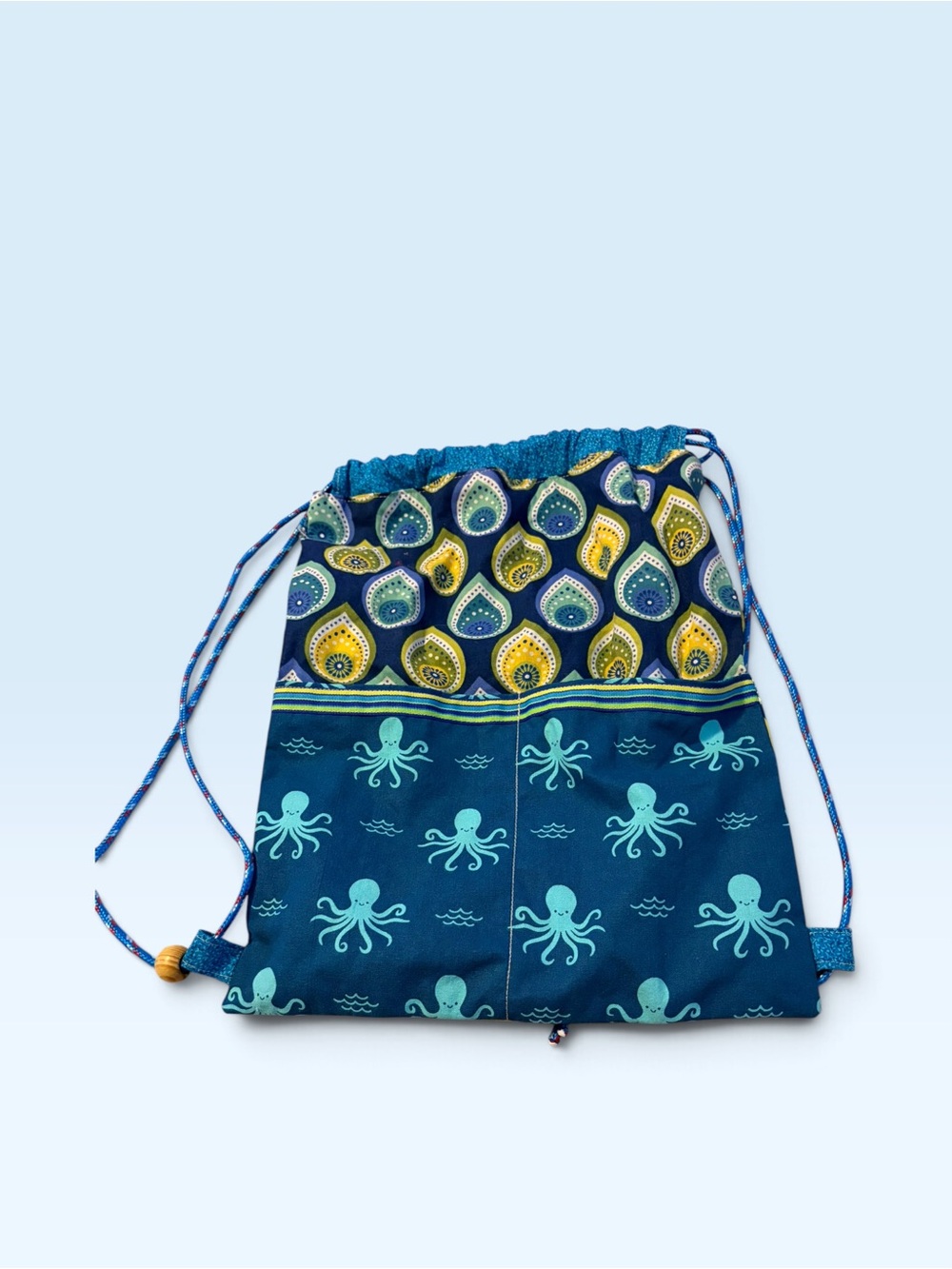 Heart Felt Designs Drawstring Backpack with Teal Octopus Print and Yellow Accent